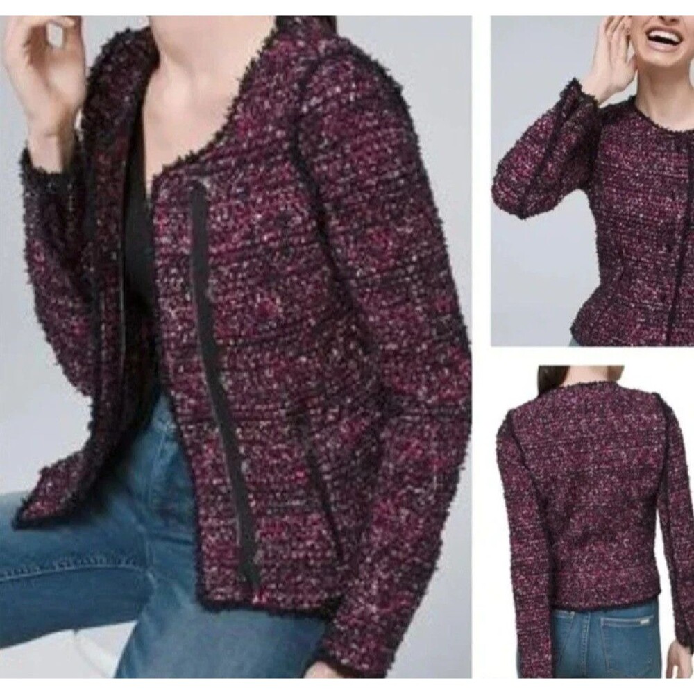 White House Black Market Women's SZ XS Tweed Jacket Blazer Pink Black Zip & Snap